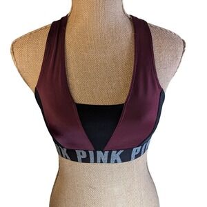 PINK Victoria's Secret Sports Bra Burgundy Black Logo Strappy Back Athletic S